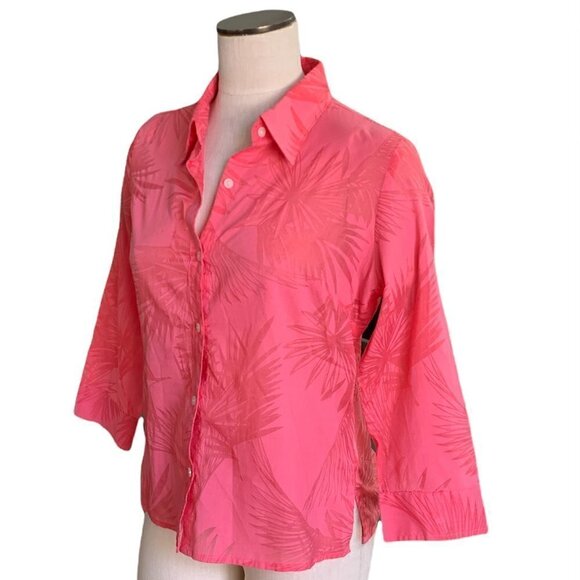 Liz Claiborne Villager Button Front Shirt Novelty Palm Tree Print Sz 8 Pink 26B - Picture 4 of 10